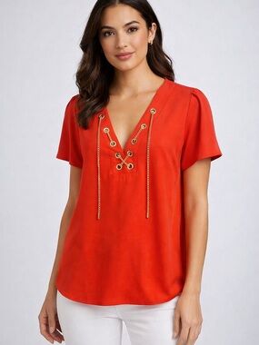 Michael Kors true Red V-Neck Lace-Up Short Sleeve Top